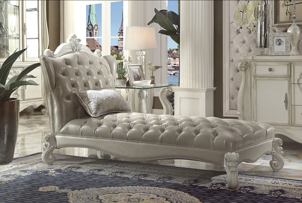 Versailles Vintage Gray PU & Bone White Chaise & Pillow - Canales Furniture