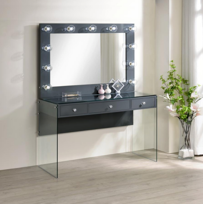Afshan 3-Drawer Vanity Desk With Lighting Mirror Grey High Gloss