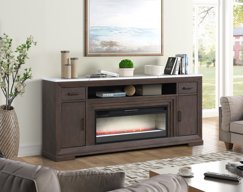 Avalon Media Console with fireplace and faux white marble