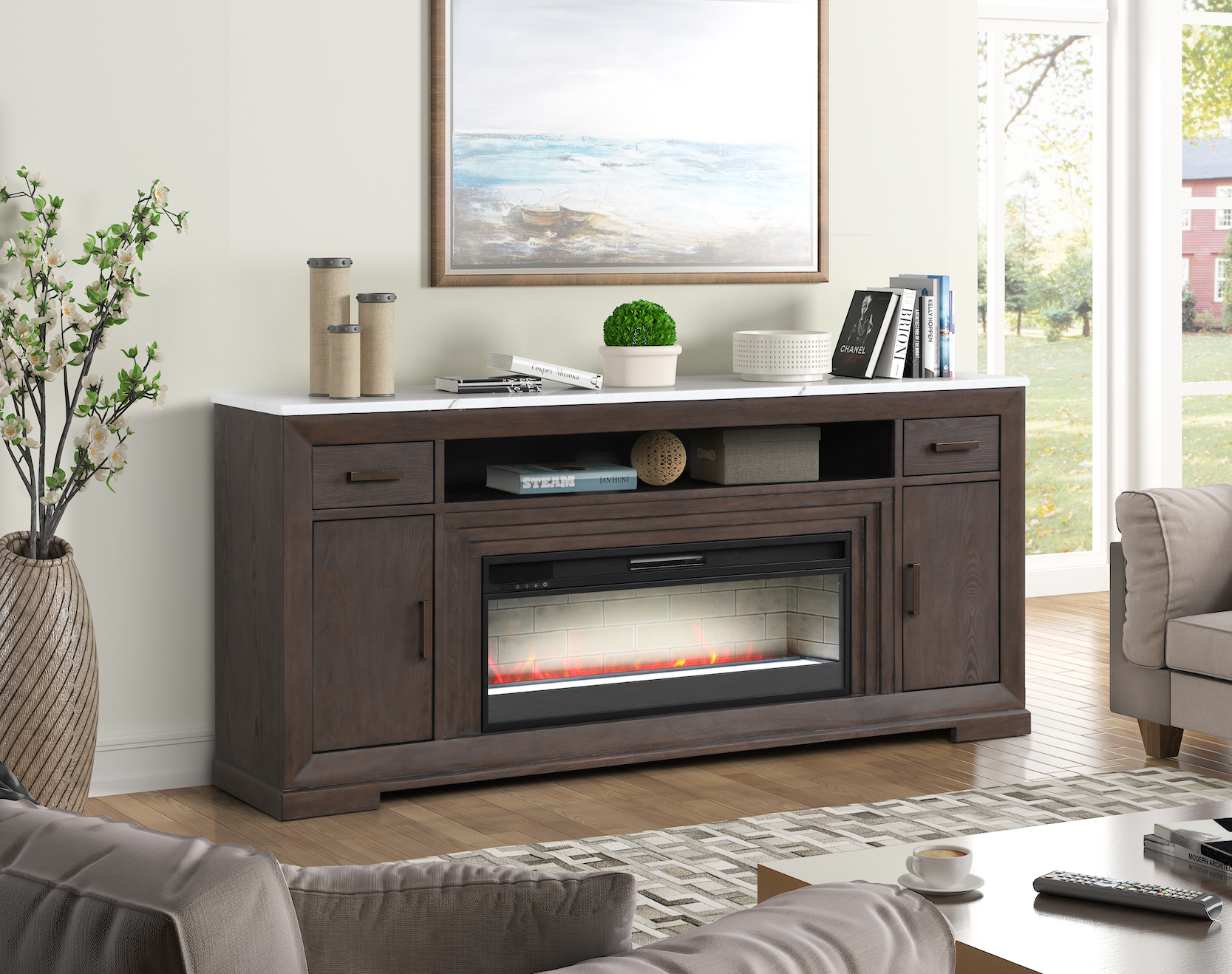 Marble top tv stand with deals fireplace